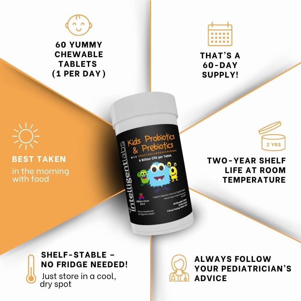 Intelligent Labs 6 Billion CFU Kids/Children's Probiotics with Prebiotics, Sunfiber and FOS, for 10x More Effectiveness, One A Day Great Taste Chewable Probiotic, 60-Day Supply, Third-Party Verified
