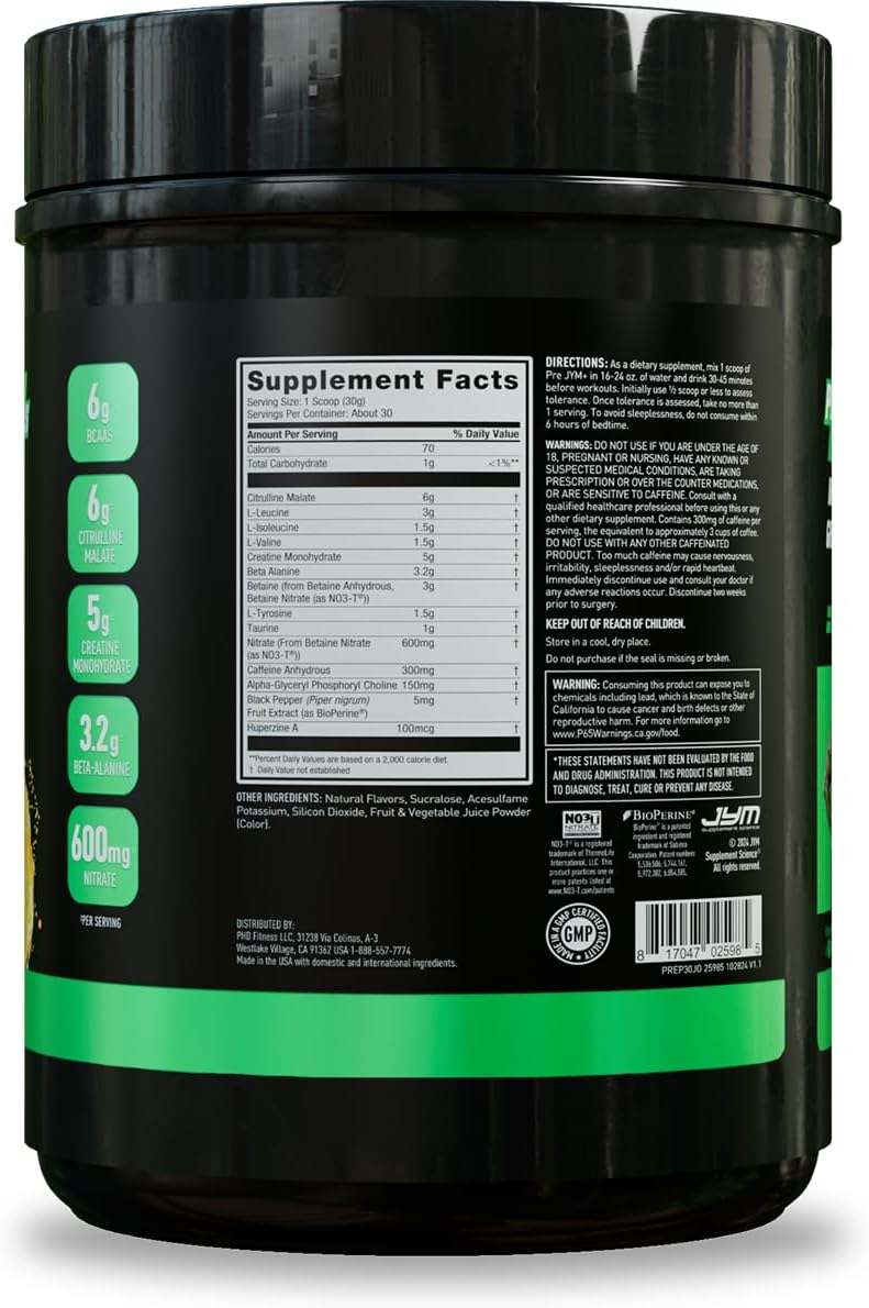 JYM Supplement Science Pre JYM Plus Fruit Punch Pre-Workout Powder, Amino Nitrates, Creatine, Betaine, Nootropics, BCAA’s, for Men & Women, 30 Servings