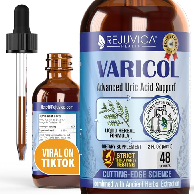 Varicol - Uric Acid Support Liquid Drops - Comfortable Joint & Kidney Support with Tart Cherry, Chanca Piedra, Celery Seed + Ginger Extract Complex - Vegan, Sugar-Free Supplement - 2 fl oz