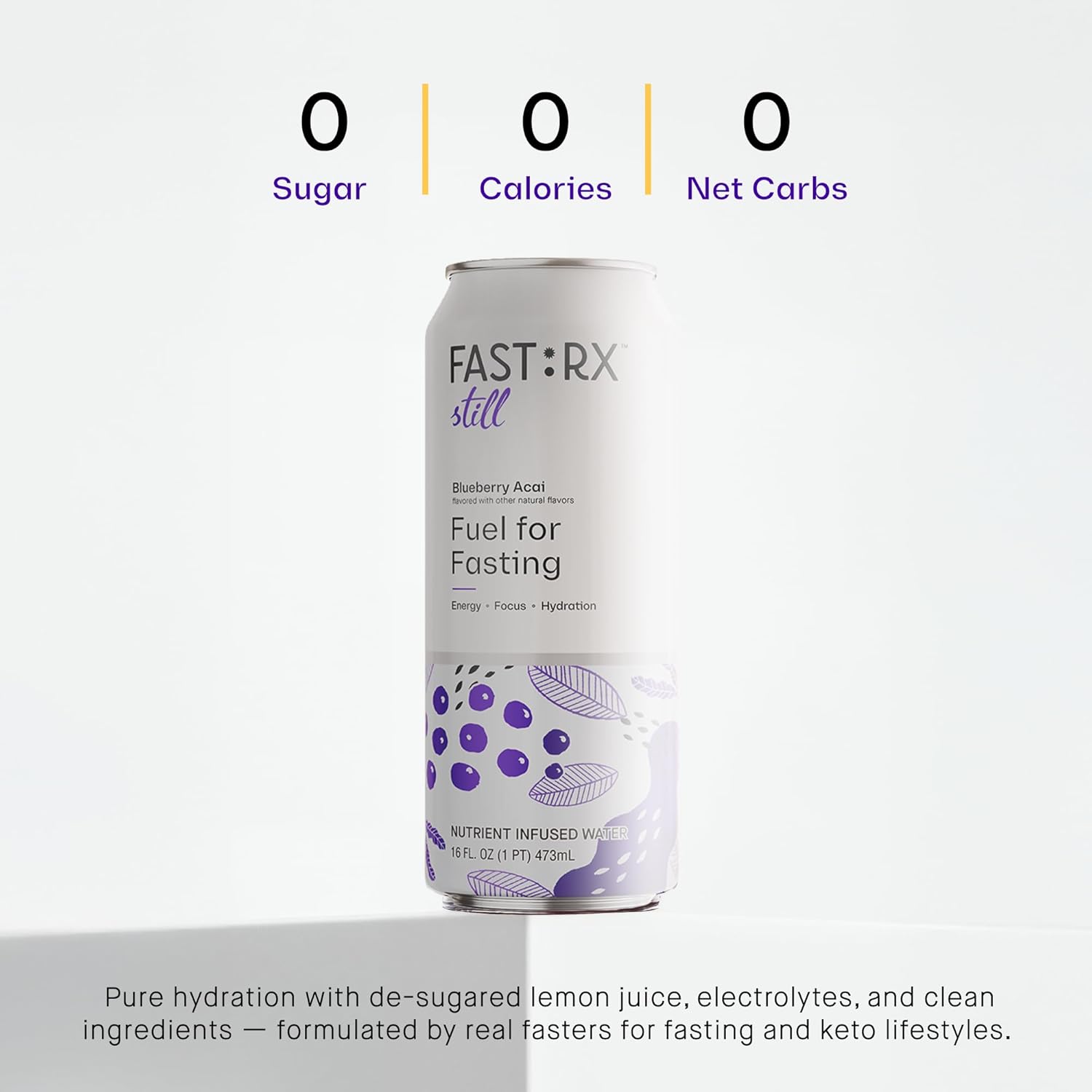 FASTRX Blueberry Acai Still Fasting Electrolyte Drink – Hunger Suppressant, Includes Essential Electrolytes and Vitamins, De-Sugared Blueberry Juice – Zero Sugar, 16 Fl Oz, Pack of 12