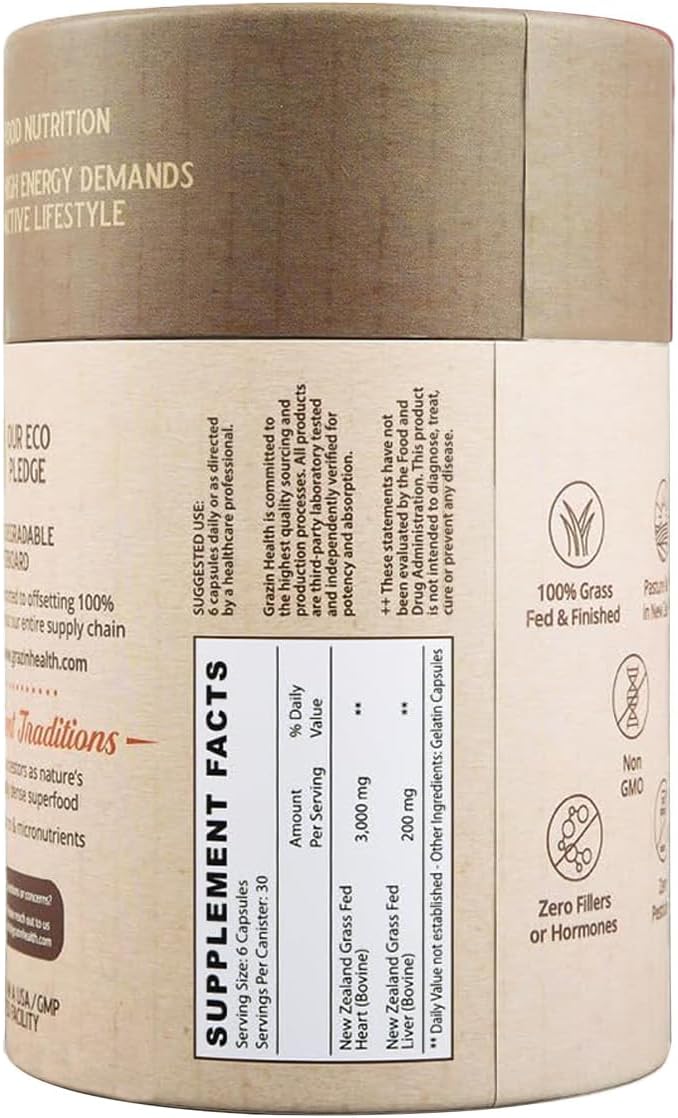Grass Fed Bovine Heart Capsules: 3000 Mg Heart/ 200 Mg Liver/Serving (30 Servings)
