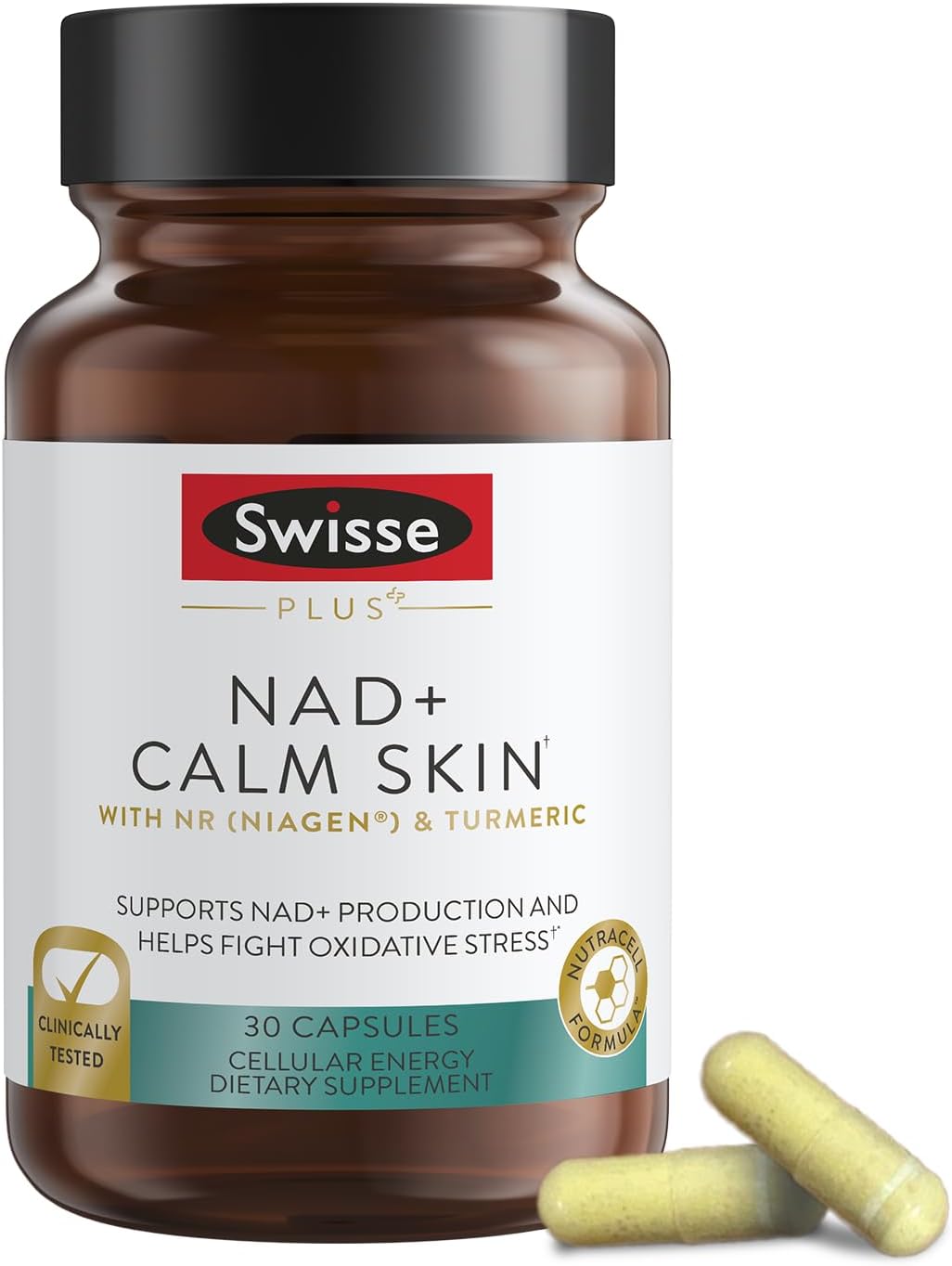 Swisse Plus NAD+ Calm Skin | Clinically Tested NAD+ Supplement | Supports Balanced, Healthy Skin | Anti-Aging Supplement for Women & Men | 30 Capsules
