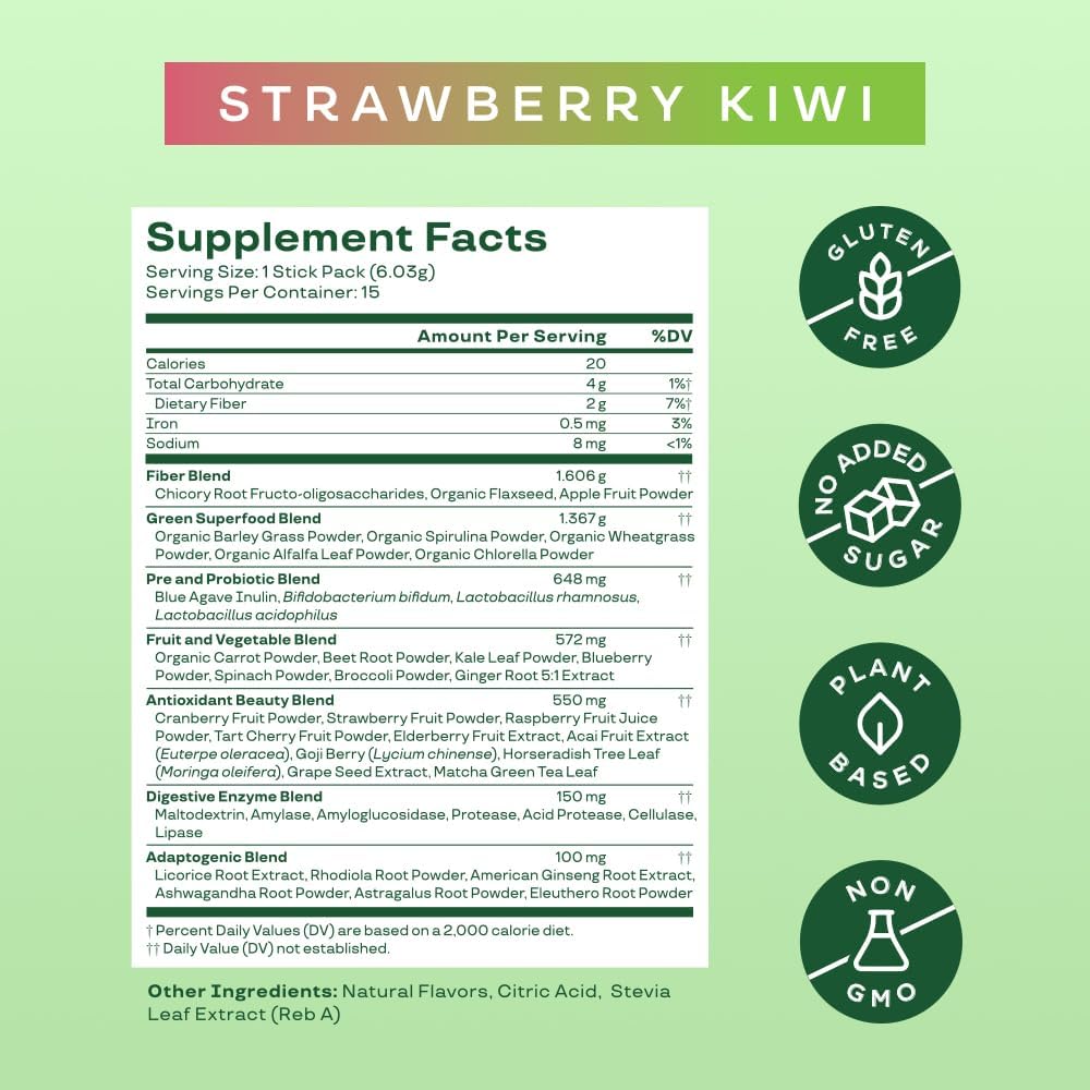 Bloom Nutrition Greens and Superfoods Powder Packets for Digestive Health, Greens Powder, Digestive Enzymes, Probiotics, Spirulina, Chlorella for Bloating & Gut Support, 15 Stick, Strawberry Kiwi