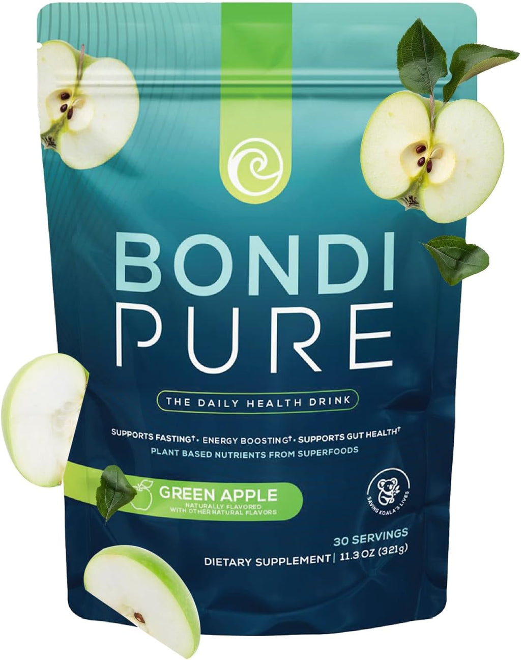 Bondi Pure - Daily Health & Detox Drink - Promote Gut Health & Energy Support During a Cleanse or Intermittent Fasting - Plant-Based Fibers, Alkalizing Super Greens - Green Apple (30 Servings)