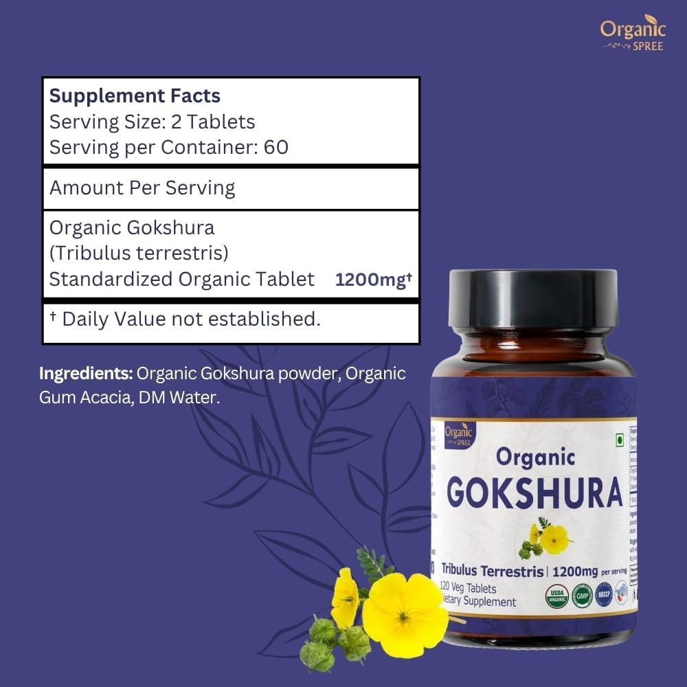 Gokshura 120 Tablets | Tribulus Terrestris (Gokshura) | USDA Organic Certified | Supports Immunity and Strength | Organic and Natural 120tab - Pack of 3
