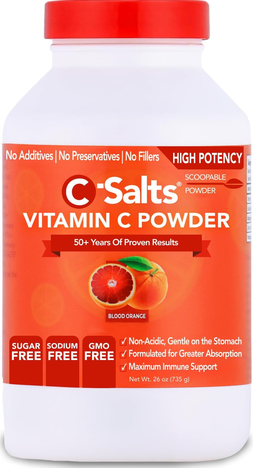 C-Salts Original Vitamin C Powder Supplement - 100% Pure High Dose Buffered Vitamin C Powder for Immune Support - Sugar-Free Powdered Drink Ascorbate, Organic, Stomach-Friendly, Blood Orange 26oz