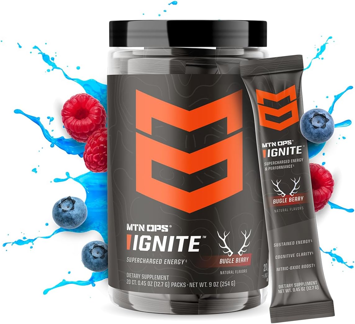 MTN OPS Ignite Trail Packs Energy Drink Powder, Gluten Free Nootropic Supplement Drink Mix, L Arginine, L Citrulline, Caffeine & Nootropic Sugar Free Drink Mix, 20 Servings, Bugle Berry