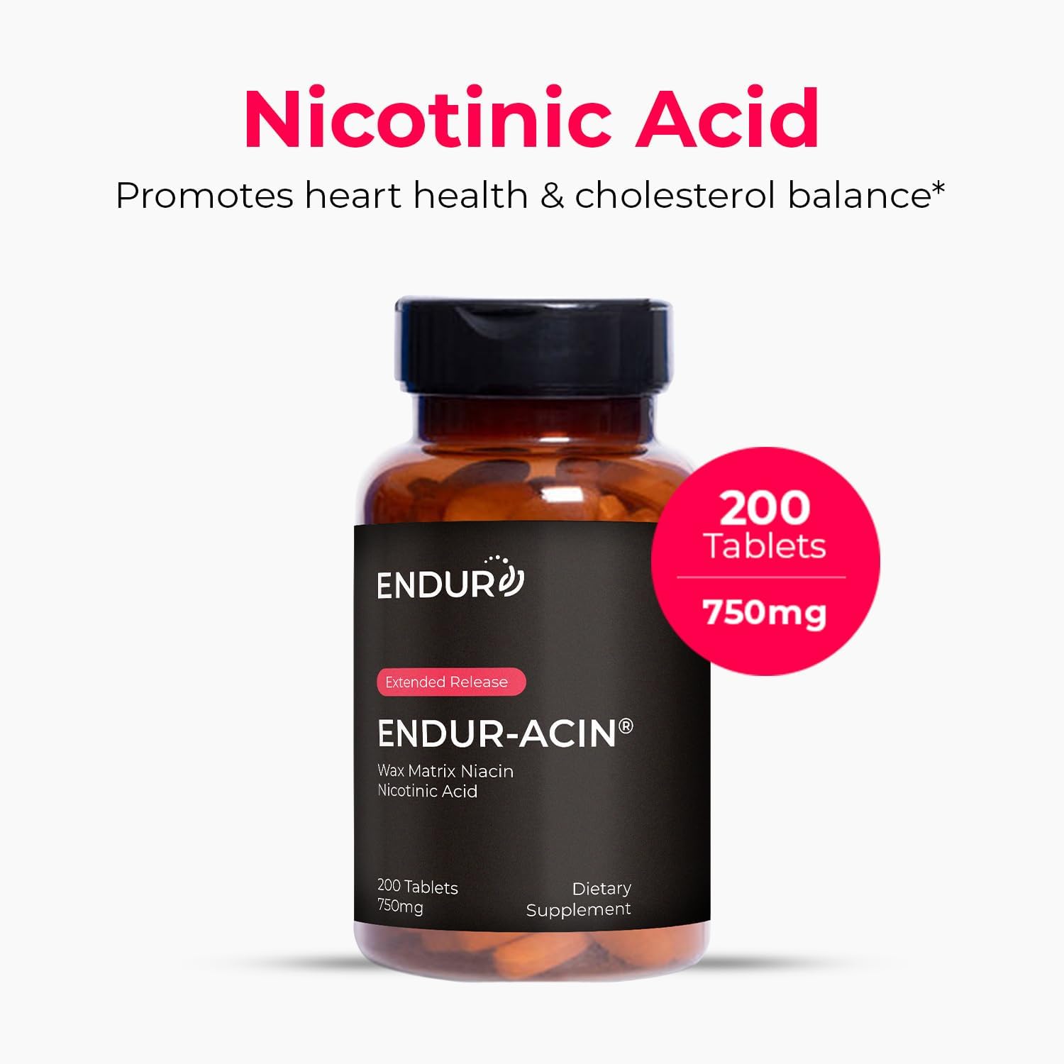 ENDUR-ACIN Niacin, Heart Health & Healthy Cholesterol Balance Supplement, Extended Release for Optimal Absorption, Gluten Free, 750mg (200 Tablets)