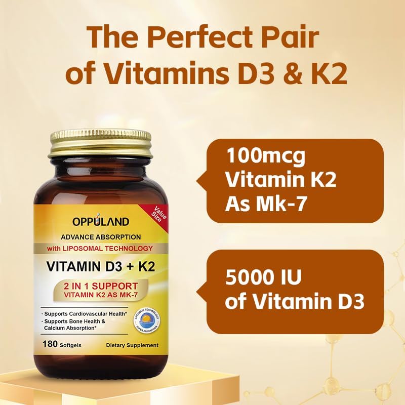 Vitamin D3 + K2 5000 IU - Liposomal Technology for Enhanced Absorption - MK-7 Vitamin K2 100mcg - Supports Bone & Calcium Metabolism - D3K2 Supplement for Men & Women - 180 Softgels
