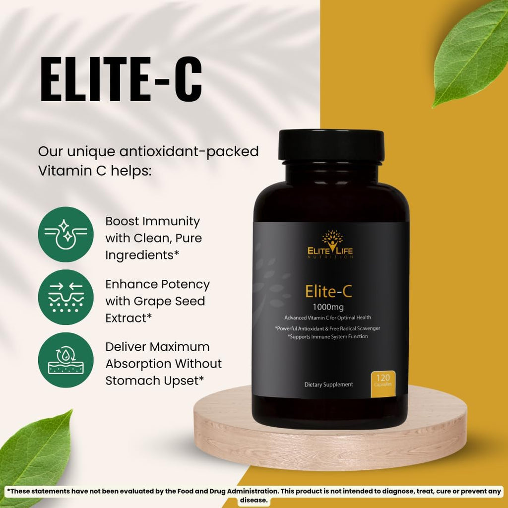 Elite-C – 1000mg of Pure, Non-Acidic Vitamin C – Buffered, High-Absorption, USA-Sourced & Made – Grape Seed, Rosehip, Rutin, Acerola – Clean, Non-GMO, Bioavailable Immune Support, 120 Capsules