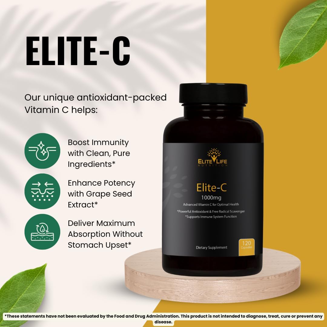 Elite-C – 1000mg of Pure, Non-Acidic Vitamin C – Buffered, High-Absorption, USA-Sourced & Made – Grape Seed, Rosehip, Rutin, Acerola – Clean, Non-GMO, Bioavailable Immune Support, 120 Capsules