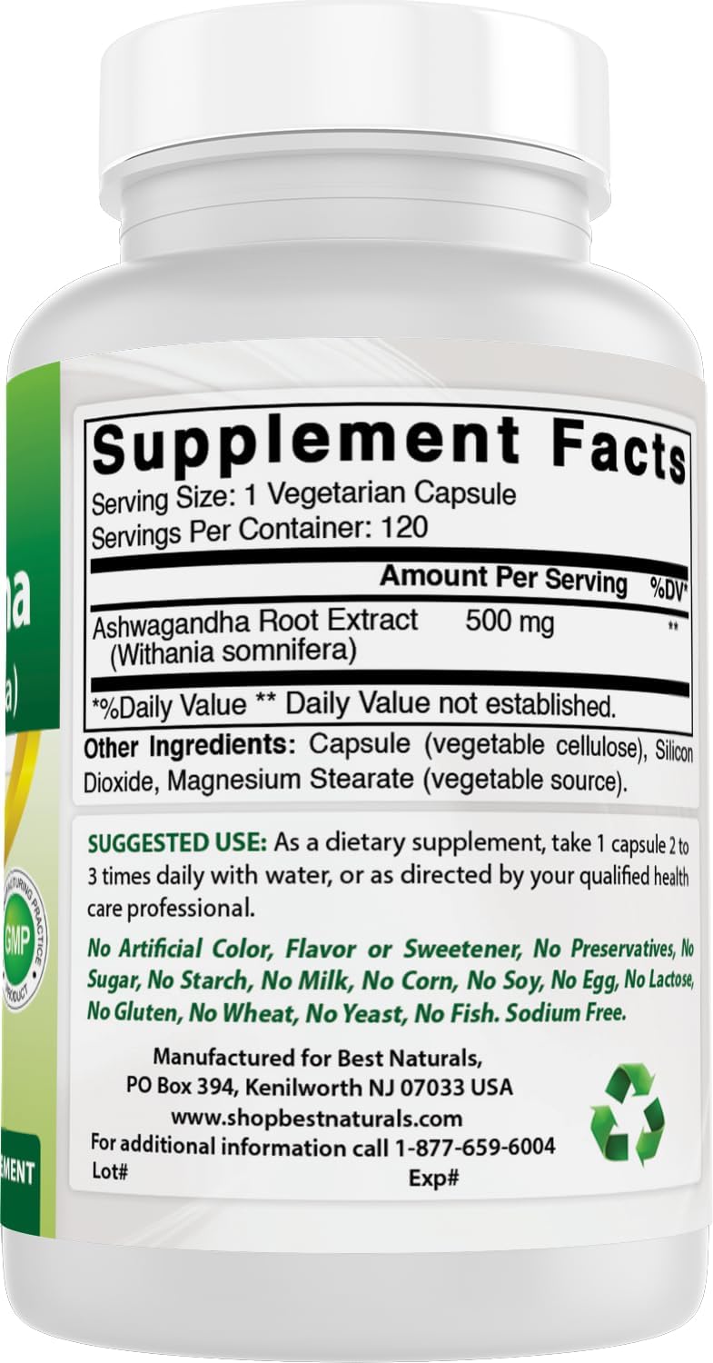 Best Naturals 3 Pack Ashwagandha Capsules for Relaxing Stress and Mood, 500 mg, 120 Count (Total 360 Capsules)