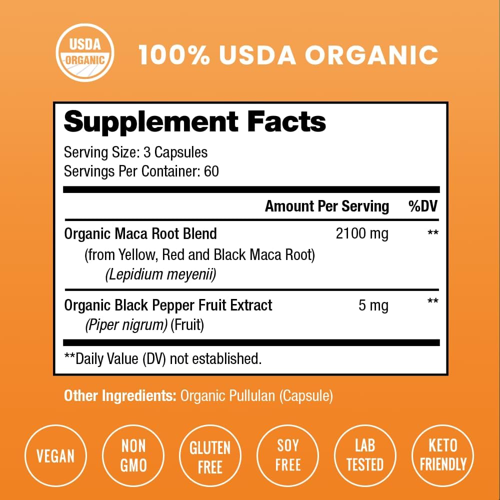 NutraChamps USDA Organic Maca Root Capsules for Women & Men, 2100mg, 180 Capsules, Black, Red & Yellow Peruvian Gelatinized, Highest Potency Maca Root Powder Supplement