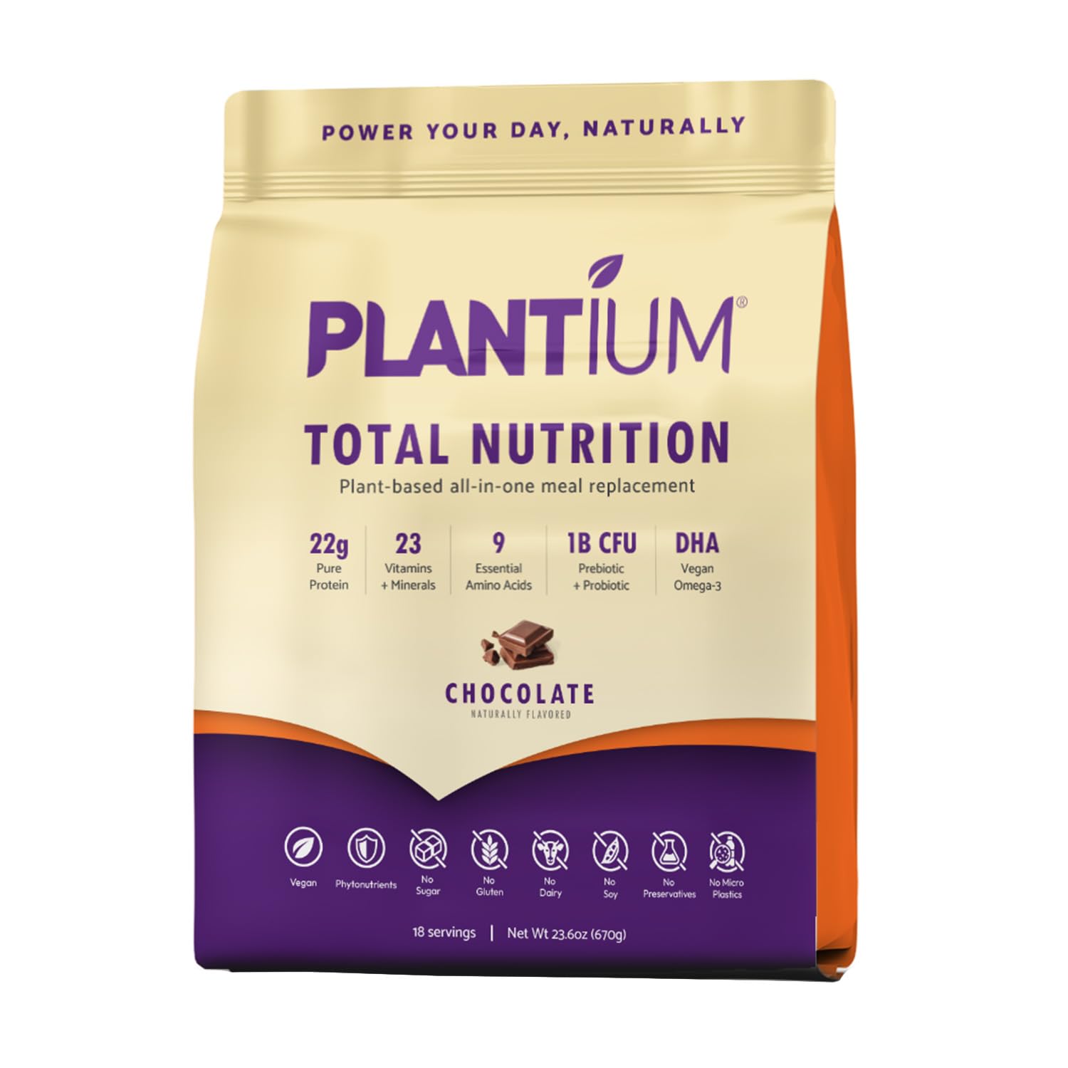Plantium Total Nutrition, Premium All-In-One Meal Replacement Shake, Plant-Based Protein Powder with Vitamins, Minerals & Probiotics, 22g Protein per Serving, Chocolate