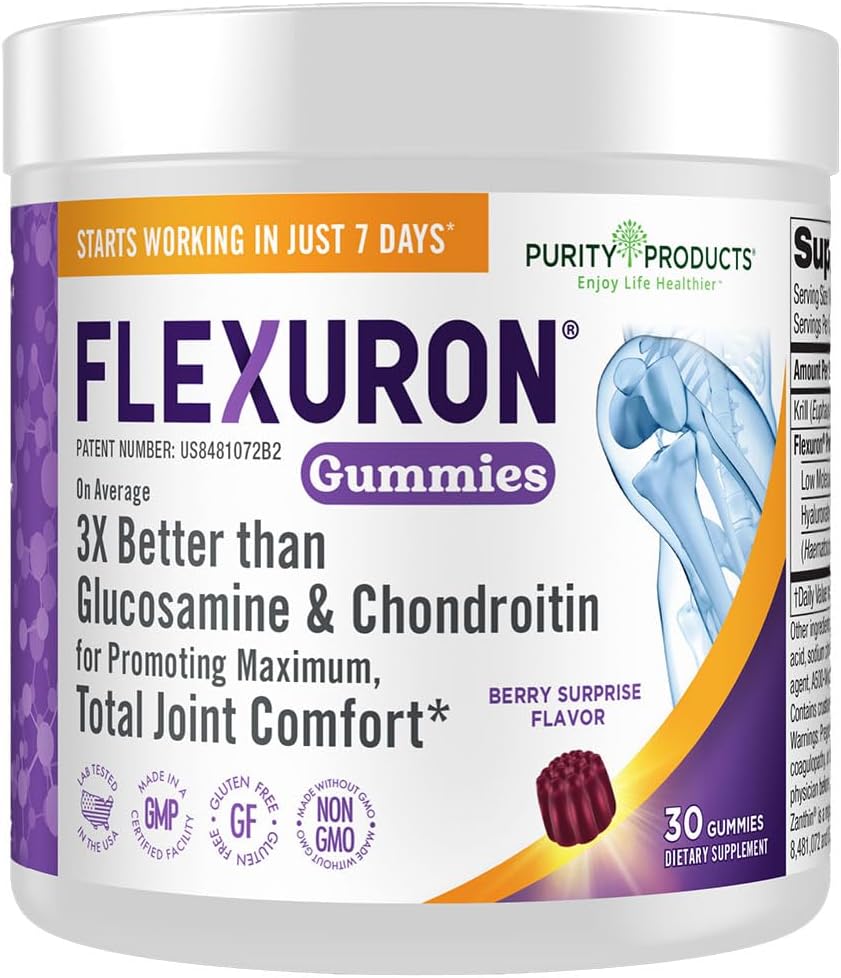Purity Products Flexuron Gummies Joint Formula 3X Better Than Glucosamine and Chondroitin - Starts Working in just 7 Days - Krill Oil, Low Molecular Weight Hyaluronic Acid, Astaxanthin - 30 Ct (1)