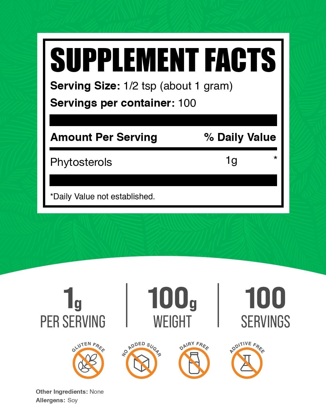 BulkSupplements.com Phytosterols Powder - Phytosterols Supplement, Beta Sitosterol Supplement - Sourced from Soy, Gluten Free, 1g per Serving, 100g (3.5 oz) (Pack of 1)