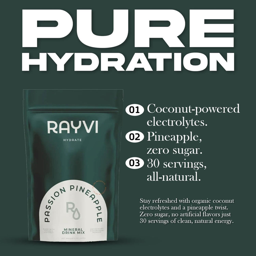 Rayvi Zero Sugar Electrolytes Powder + Minerals Hydration Powder | 1 Pack (30 Servings), Vegan, Zero Sugar Electrolytes and Artificial Additives | Hydration Drink Supplement | Passion Pineapple Flavor