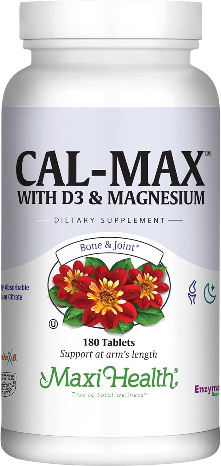 Maxi Health Calcium Magnesium Supplement with Vitamin D3 and Boron - Kosher Bone Health & Nighttime Formula, Calcium Citrate CalMag & Vitamin D (180 Tablets)