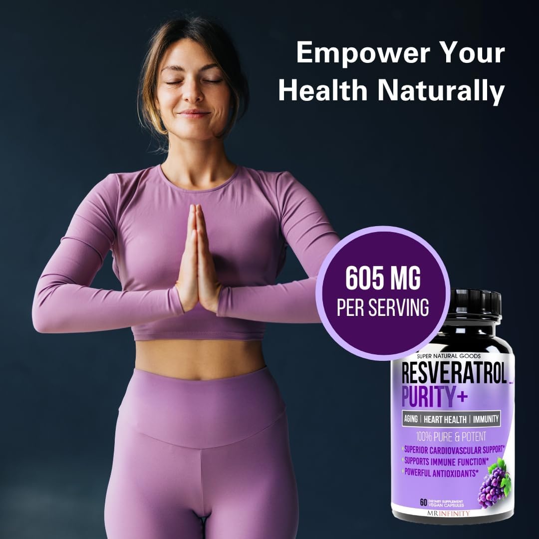 Trans-Resveratrol Highly Purified & Bioavailable Antioxidant Supplement for Unique SIRT1 Activation - Promote Cellular Repair, Longevity, Brain, Heart, DNA - 60 Capsules