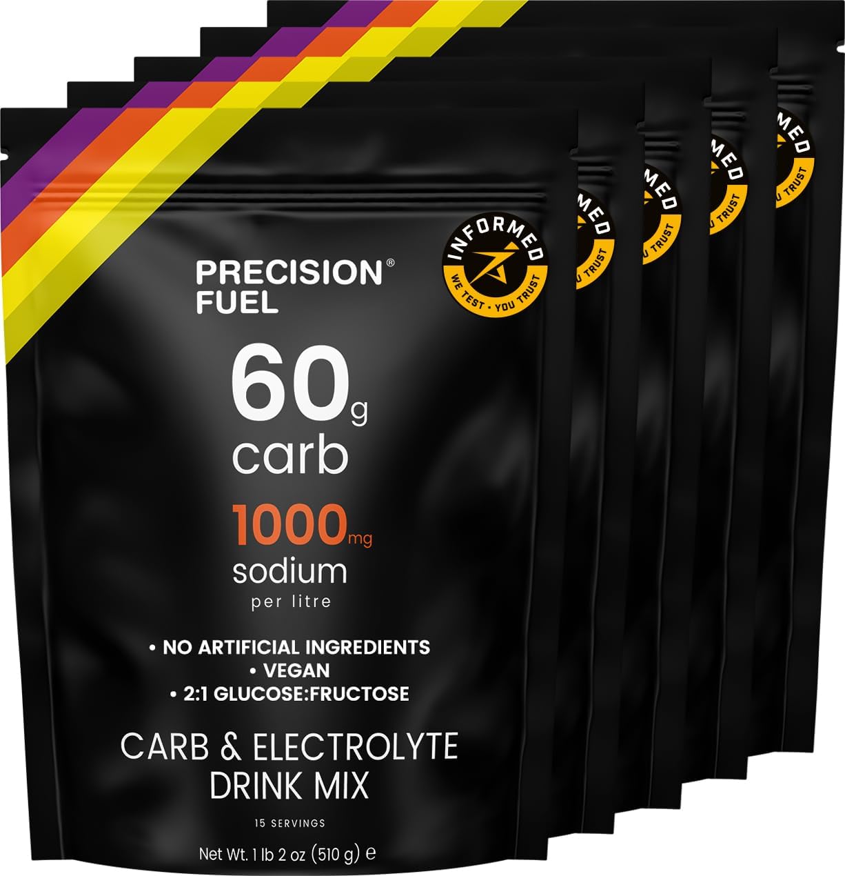 Precision Fuel PF 60 Carb & Electrolyte Drink Mix Powder for Hydration & Energy - Endurance Sports Nutrition, Vegan, Hypotonic - 60g Carb, 1000mg Sodium per Litre - Mild Citrus Flavor, 5-Pack