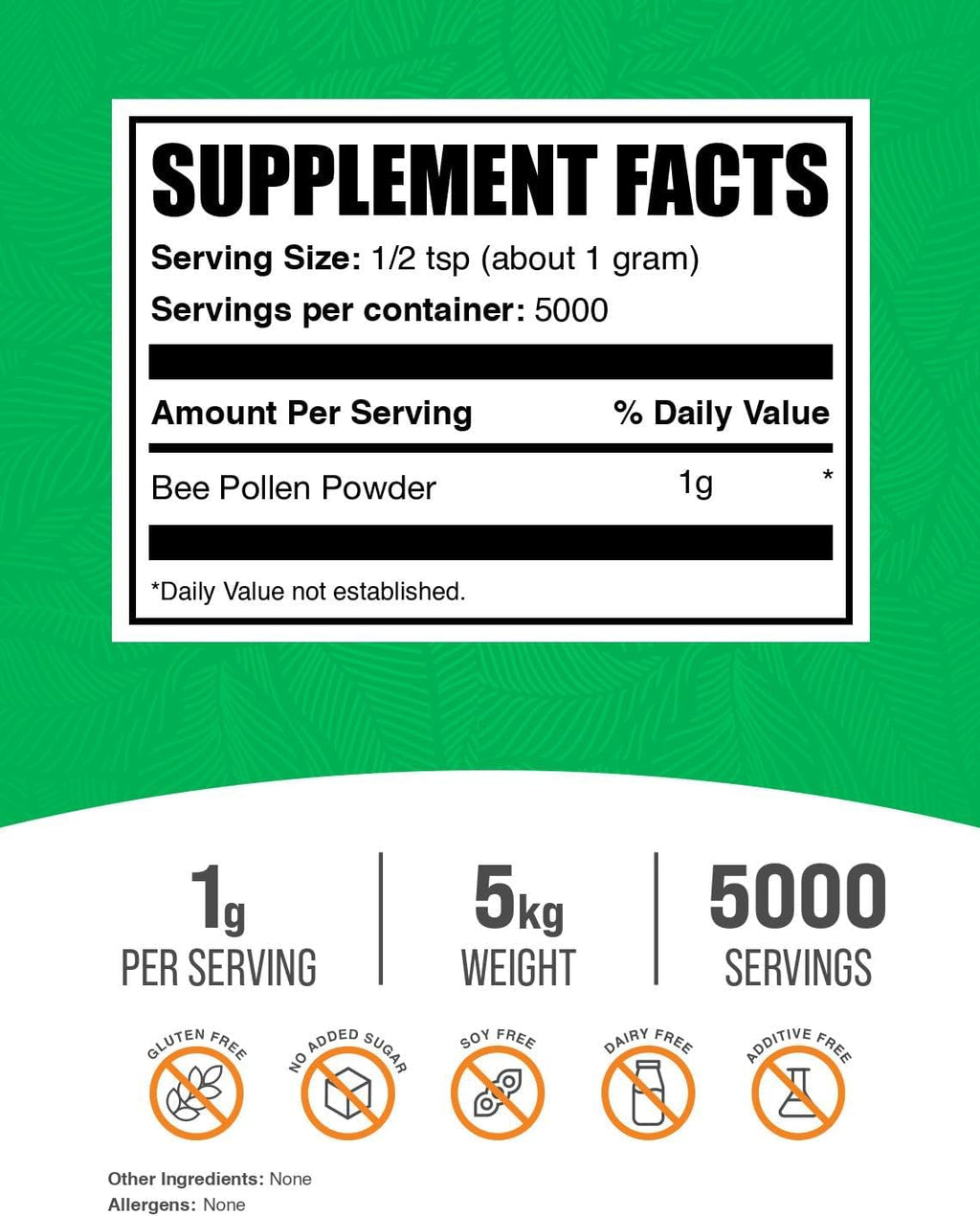 BulkSupplements.com Bee Pollen Powder - Superfood Supplement, Bee Pollen Supplement, for Immune Support - Gluten Free, 1g per Serving, 1kg (Pack of 5) (11 lbs)