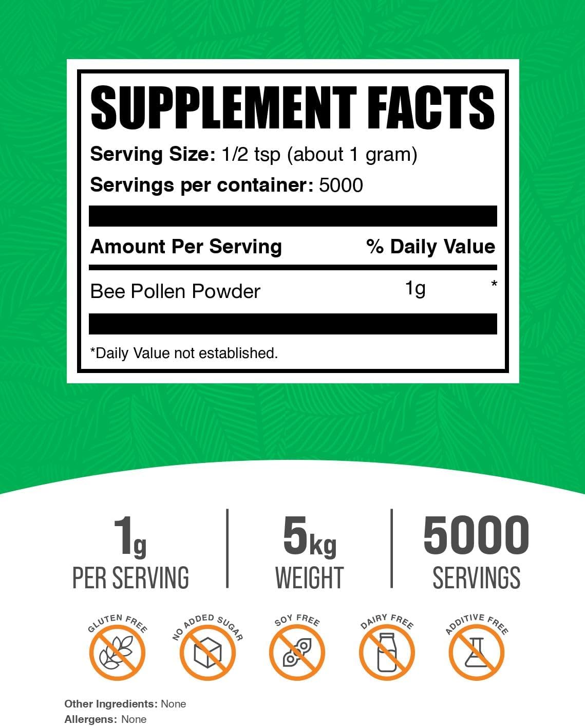 BulkSupplements.com Bee Pollen Powder - Superfood Supplement, Bee Pollen Supplement, for Immune Support - Gluten Free, 1g per Serving, 1kg (Pack of 5) (11 lbs)