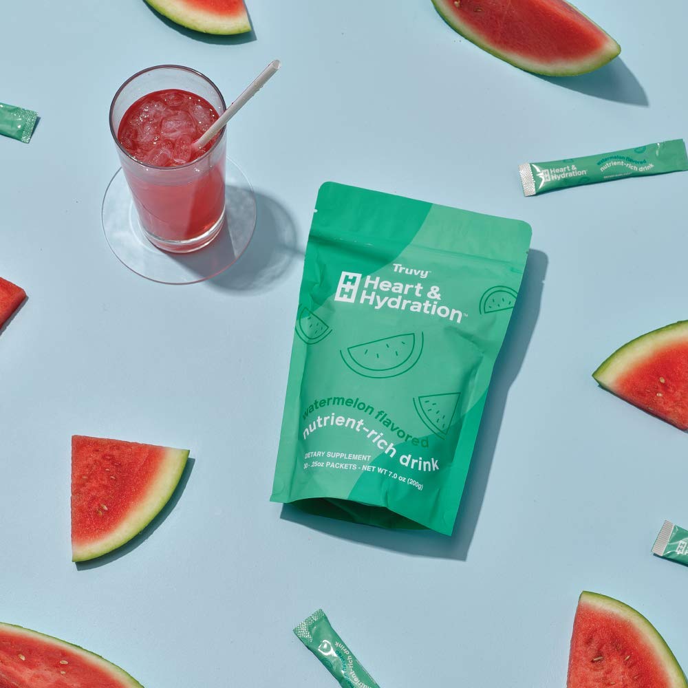 Truvy Heart & Hydration - Watermelon | 30 Stick Packs | Sugar-Free Super Drink Mix | Supports Hydration, Energy, and Heart Health | Infused with Electrolytes, CoQ10, Ginseng