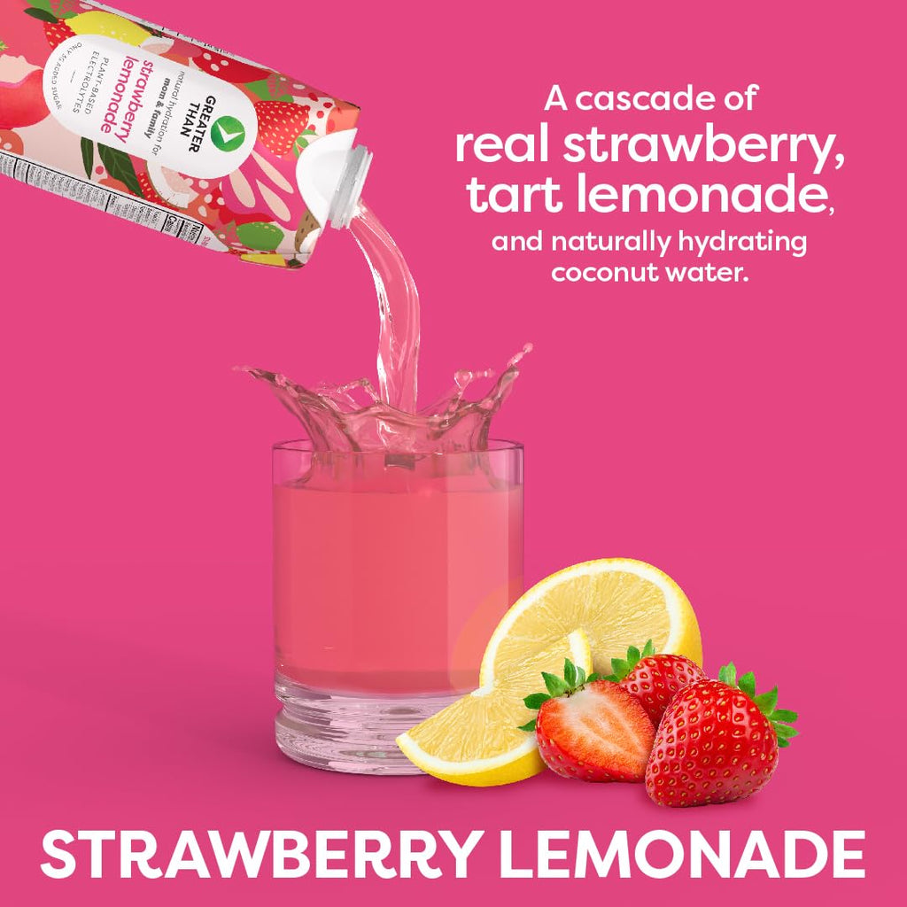 Greater Than Nutrient Hydration Beverage, Electrolyte Drink for Gut Health & Energy with Coconut Water, Vitamins, Gluten Free, Plant Based, Low Sugar for Moms and Families, Strawberry Lemonade, 12 Pack