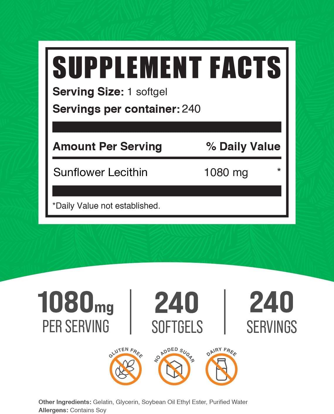 BulkSupplements.com Sunflower Lecithin Softgels - Lecithin Supplement, Sunflower Lecithin 1080mg - Vitality Support, Gluten, 1 Softgel per Serving, 240 Count (Pack of 1)