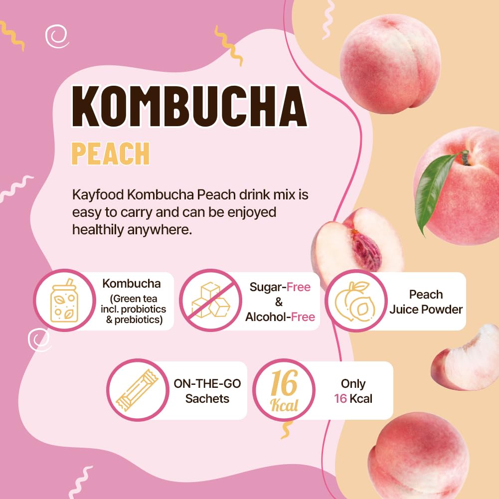 KAYFOOD-Kombucha-Peach-Garden-Daily Zero Sugar, Diet, Gut Healthy Sparkling Beverage, Fermented Korean Drinks for Iced, Hot, Workout Tea (10ST)