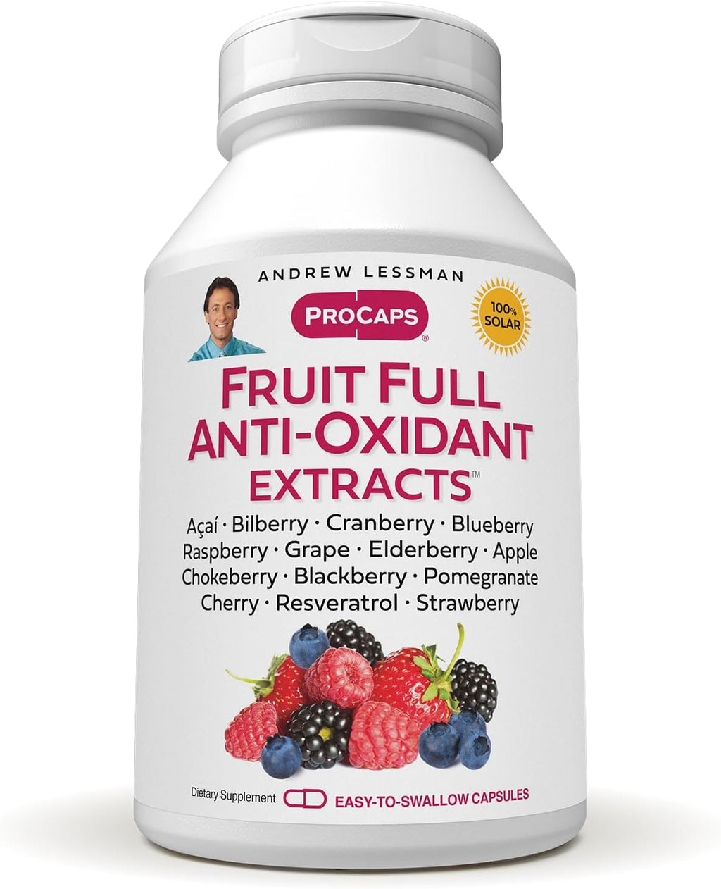 ANDREW LESSMAN Fruit Full Anti-Oxidant Extracts 180 Capsules - 14 Natural Fruit and Berry Extracts. Bilberry, Cranberry, Grape Seed, Pomegranate, Resveratrol, and More. Easy to Swallow Capsules