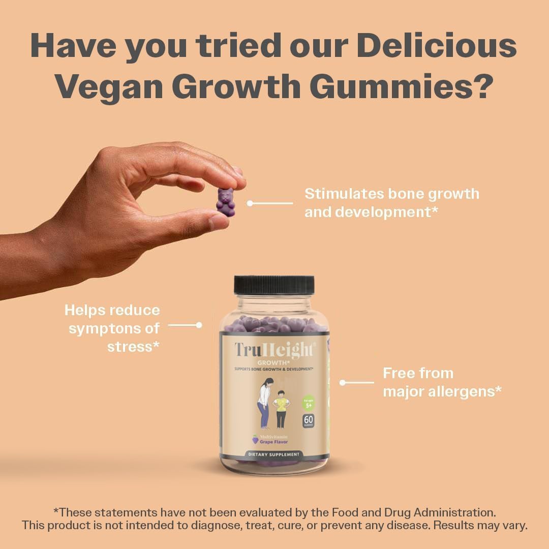 TruHeight Growth Gummies (Grape) Natural Growth & Development Supplement for Kids & Teens - Vitamin D, K, Calcium & Ashwaganda - Bone Strength Vitamins, Picky Eater Vitamin for Kids, Ages 5+ Pack of 2