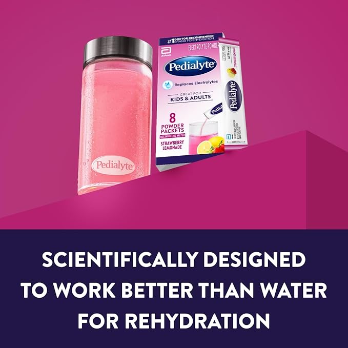Pedialyte Electrolyte Powder | Hydration Drink for Kids & Adults | Strawberry Lemonade, 100 Powder Packets