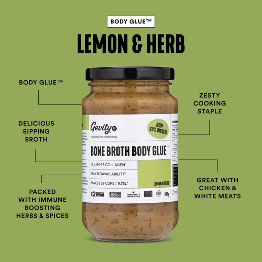Gevity Rx Bone Broth Body Glue™- Bone Broth - Concentrate - 10x more collagen* - Sip, Cook, Create - 100% Grass Fed Beef (13.75 Ounce, Lemon & Herb)