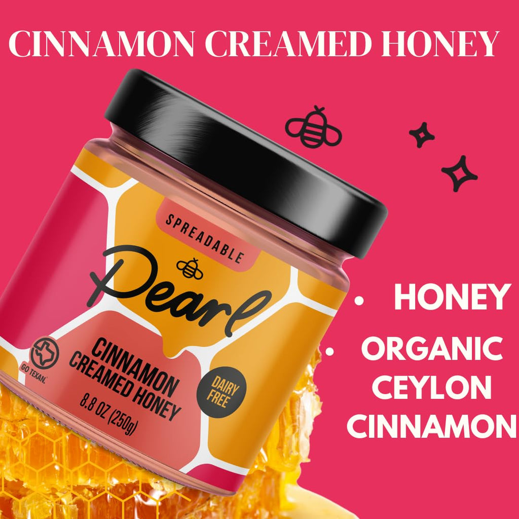 Pearl Honey Spreads - Organic Cinnamon Flavored Creamed Raw Honey - Chemical Free, Dairy Free, Soy Free & 100% Naturally Flavored | 8.8oz Jar