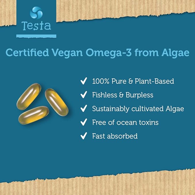 Testa Omega-3 - Plant Based DHA + EPA from Algae Oil - Pure and Vegan Omega-3 - Much Healthier Than Fish Oil - 60 Capsules (8 Pack)