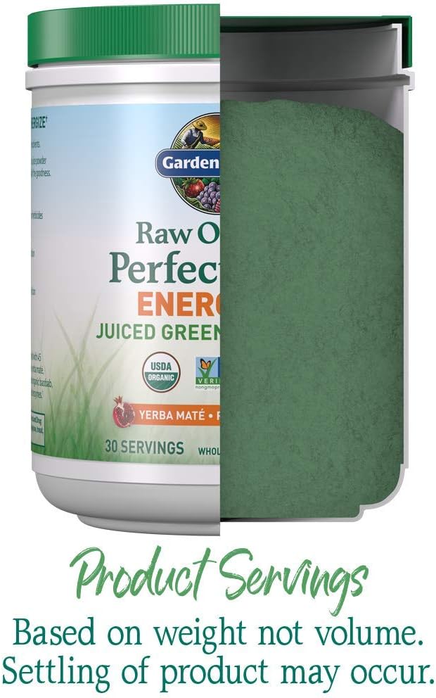 Garden of Life Raw Organic Perfect Food Energizer Juiced Green Superfood Powder - Yerba Mate Pomegranate, 30 Servings, Green Superfood Powder & Probiotics, Gluten Free Whole Food Greens Supplements