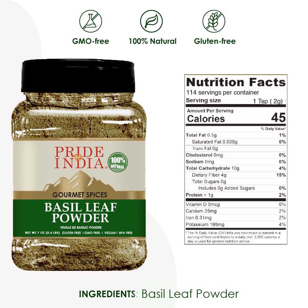 Pride of India - PACK of 6 - Basil Leaf Powder – Gourmet & Culinary Spice – Mediterranean Seasoning – Adds Flavor to pesto/stews/curries – Additives Free – Easy to Store – 7oz. Medium Dual Sifter Jar
