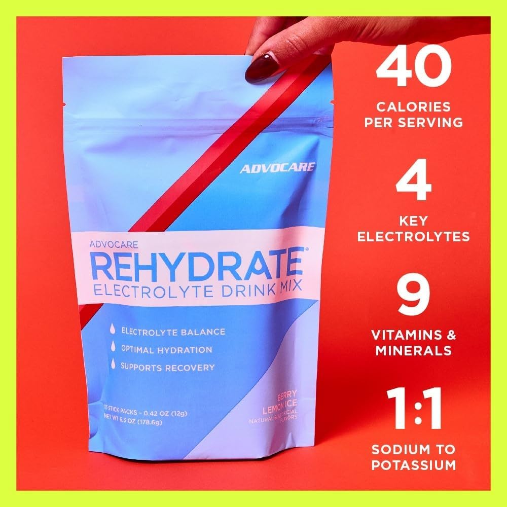 AdvoCare Rehydrate - Electrolyte Drink Mix - Includes Magnesium, Sodium, Potassium & Calcium - Antioxidant & Amino Acid Fortified - Hydration & Recovery - Berry Lemon Ice, 15 Stick Packs (6.3 oz)