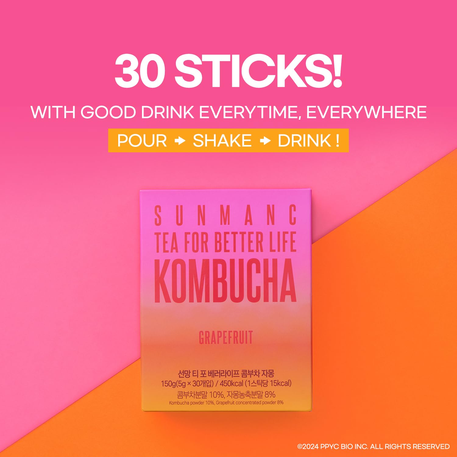 SUNMANC Kombucha 30 packets, Sparkling Probiotic Fermented Drink, Convenient Powdered Drink Mix, Tea Powder, Low Calories, Sugar 0g, Low Caffeine (Grapefruit)