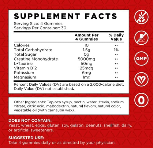 99.99% Creatine Monohydrate Gummies More 15% Strength, 5X Energy & Muscle Support Pre-Workout Complex Creatine for Women & Men with 5000mg Creatine, L-Taurine, B12, Mg & K, Low Calorie, 90 Count