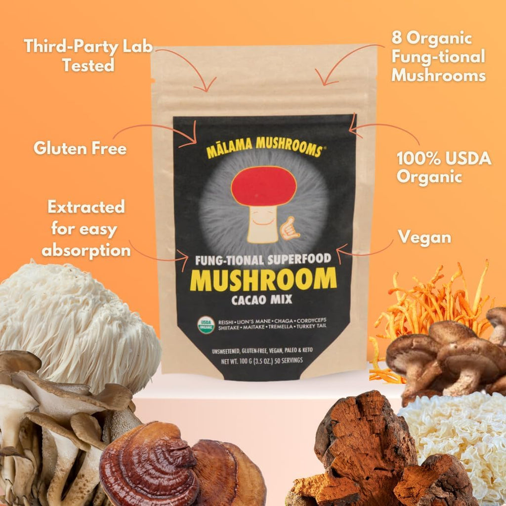 Malama 8-Mushroom Hot Cacao Mix, Organic Chocolate Blend Mushroom Powder for Focus & Inmune Support – with Lion's Mane, Reishi, Chaga, Turkey Tail – Vegan Supplement, 3.5 oz (50 Servings)
