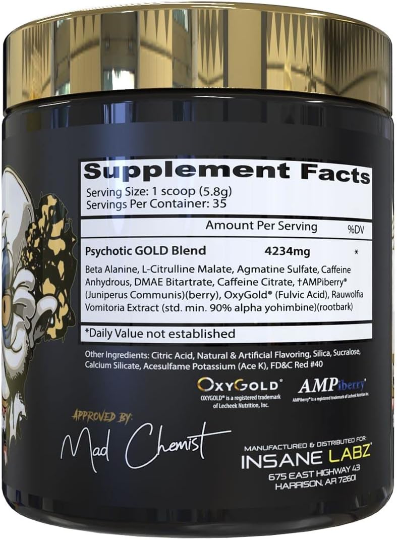 Insane Labz Psychotic Gold, High Stimulant Pre Workout Powder, Extreme Lasting Energy Focus, Pumps and Endurance with Beta Alanine, DMAE Bitartrate, NO Booster (35 Servings, Gummy Candy)