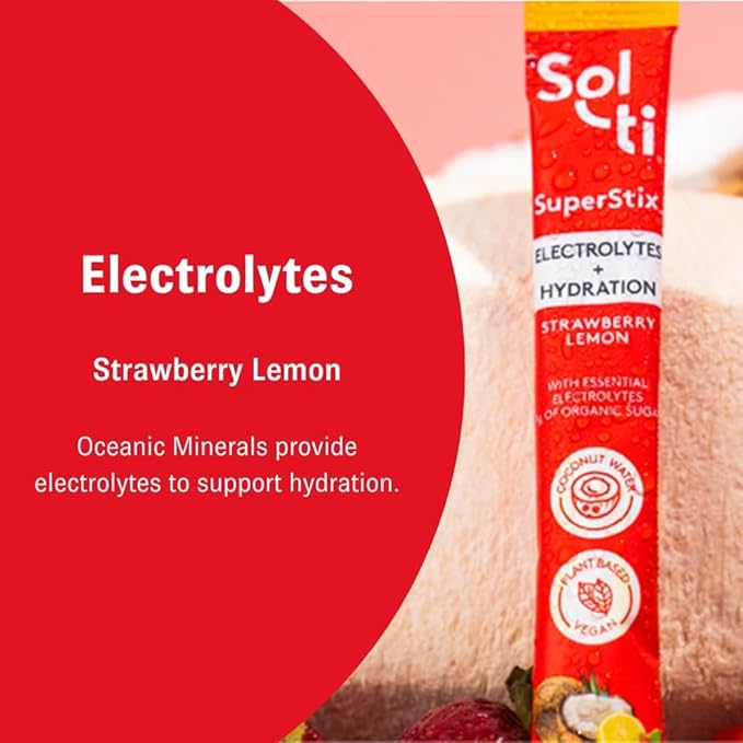 Organic Electrolytes + Hydration Drink Mix, Superfood Hydration Sticks, SuperStix by Sol-ti, Non-GMO, Vegan, Strawberry Lemon, 14 Single-Serving Sticks