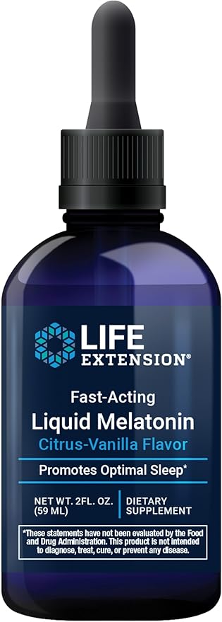 Life Extension Fast-Acting Liquid Melatonin (Citrus-Vanilla Flavor), 3 mg, Optimal Sleep Support, Healthy circadian Rhythms, Cellular Defense, Gluten-Free, Non-GMO, 2 fl oz