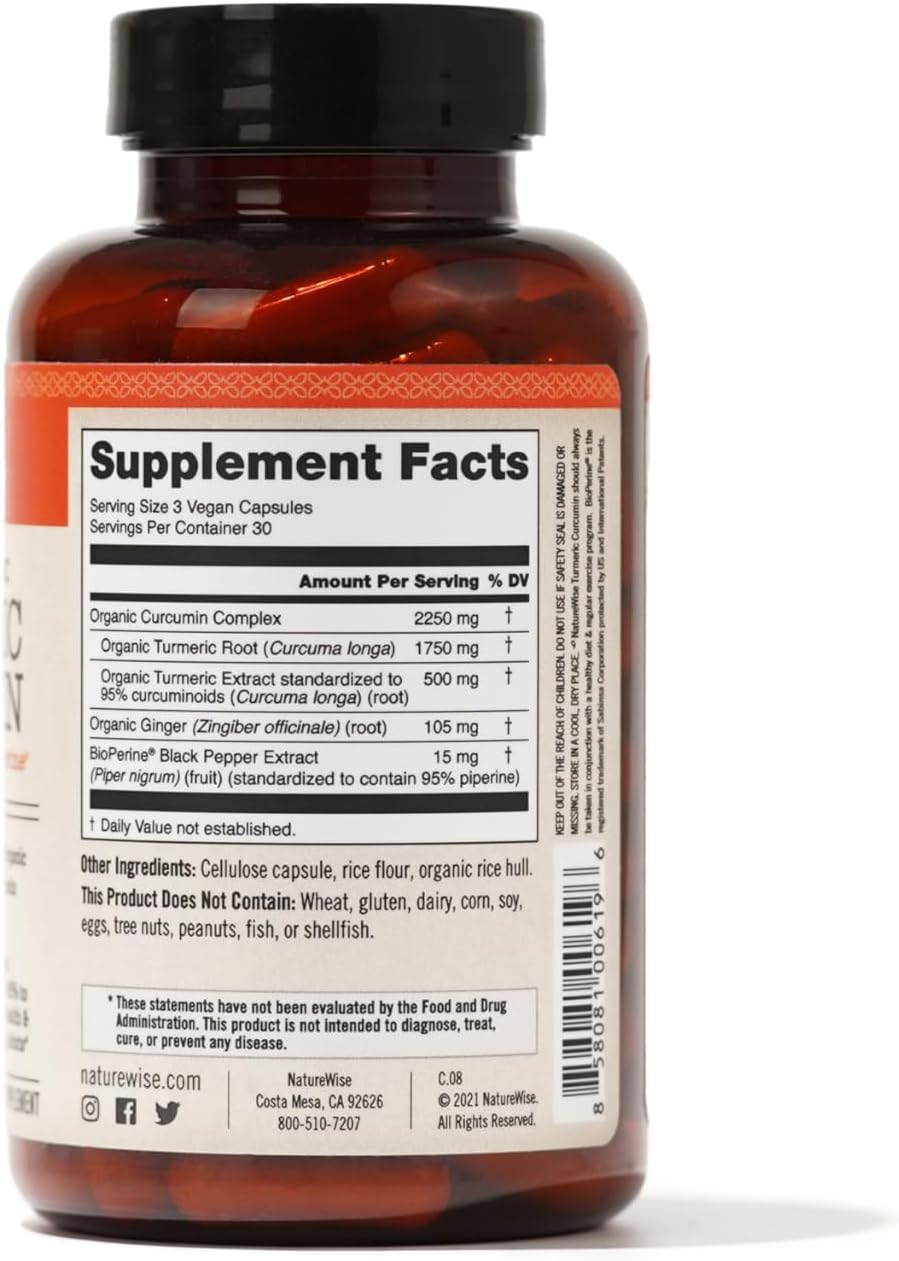 NatureWise Curcumin Turmeric 2250mg - 95% Curcuminoids & BioPerine Black Pepper Extract for Advanced Absorption - Daily Joint and Immune Health Support - Vegan, Non-GMO, 90 Count[30-Day Supply]