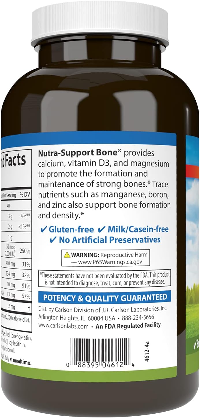 Carlson - Nutra-Support Bone, Calcium, Magnesium & Vitamin D3, Bone Health, Calcium Absorption & Optimal Wellness, 180 Softgels