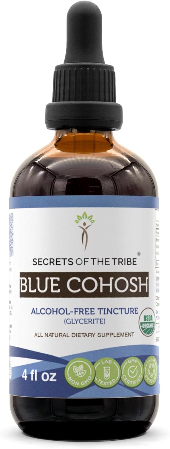 Secrets of the Tribe Blue Cohosh USDA Organic | Alcohol-Free Extract, High-Potency Herbal Drops | Made from 100% Certified Organic Blue Cohosh (Caulophyllum Thalictroides) Dried Root (4 oz)