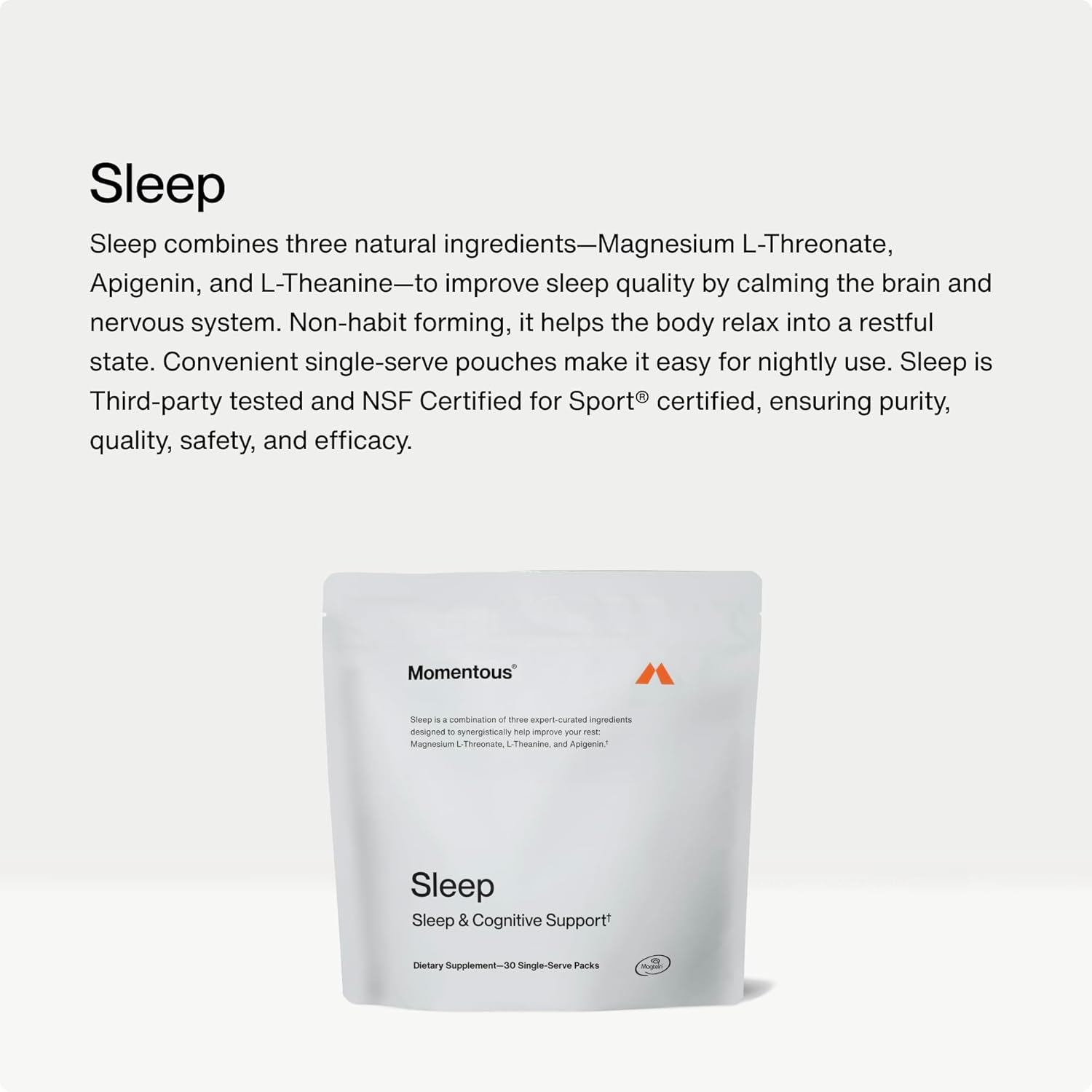 Momentous Sleep Pack - Magnesium Glycinate, Magnesium L-Threonate, and Apigenin - NSF Certified for Sport - 30 Servings