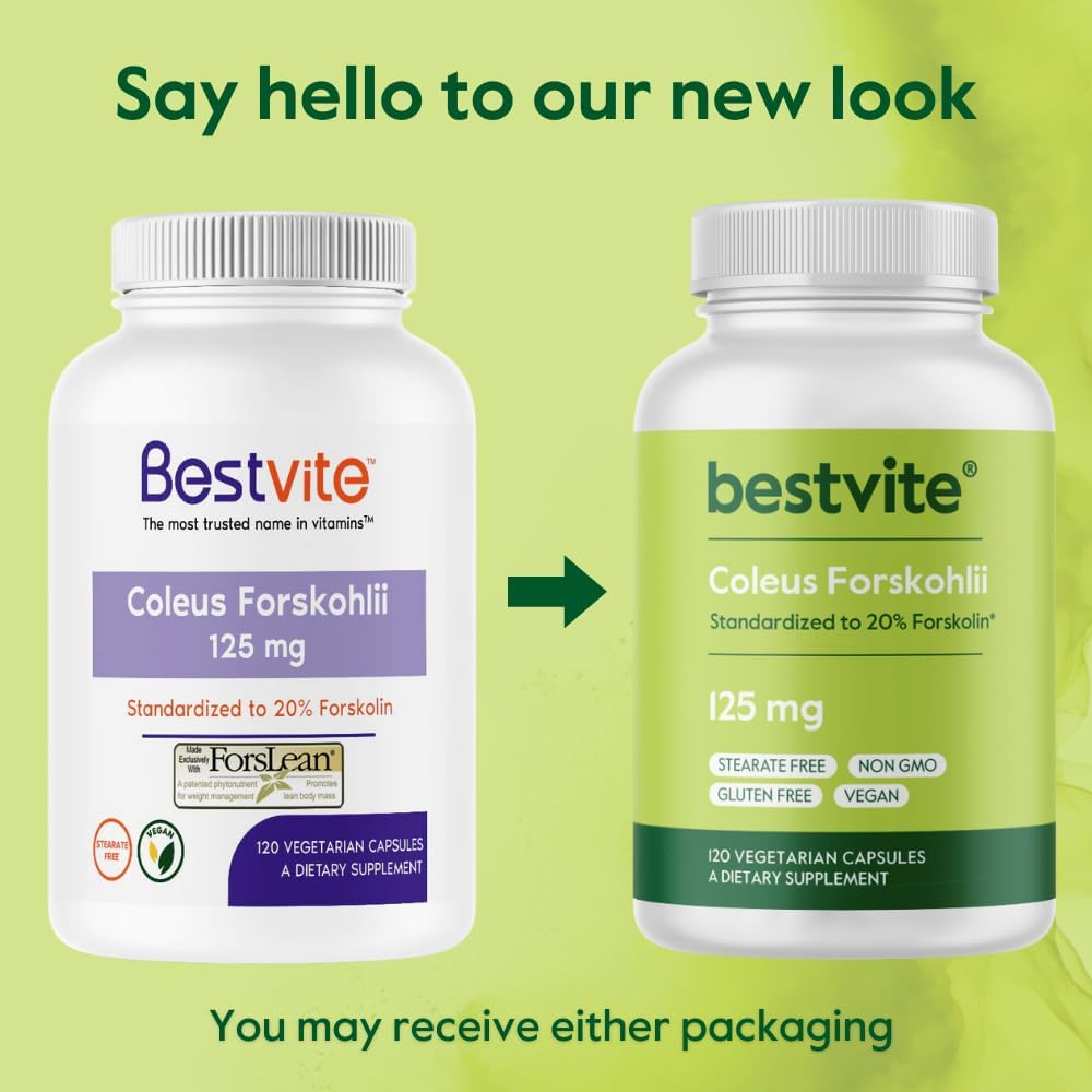 BESTVITE Coleus Forskohlii 125 mg - 20% Forskolin (120 Vegetarian Capsules) - Made with Forslean The only Forskolin Ingredient Backed by Clinical Studies.
